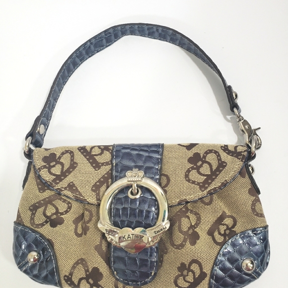 Kathy Van Zeeland Handbags - DISCOUNT! Vintage Kathy van zeeland canvas patent blue tan mini purse wristlet